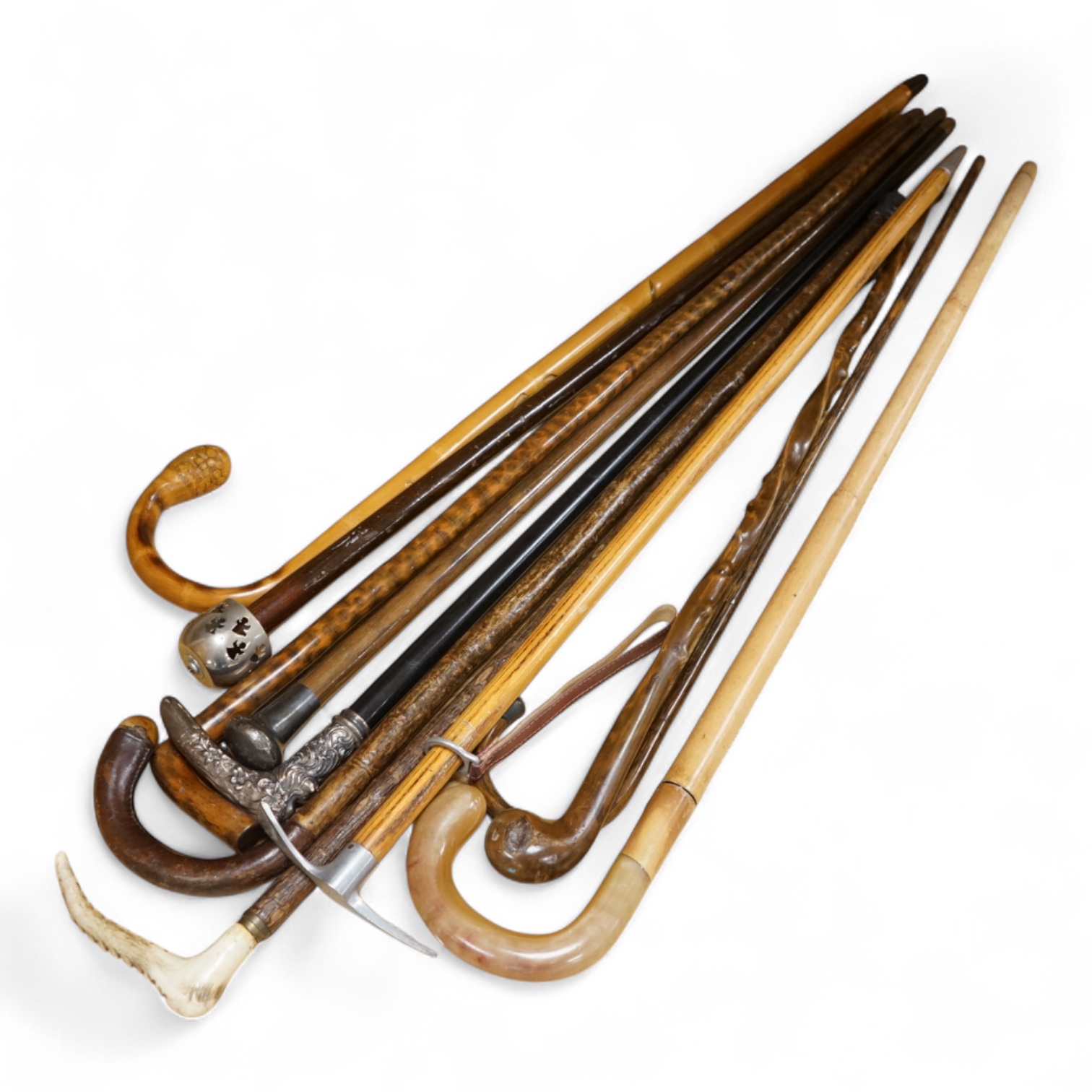 A collection of various walking sticks, one silver mounted